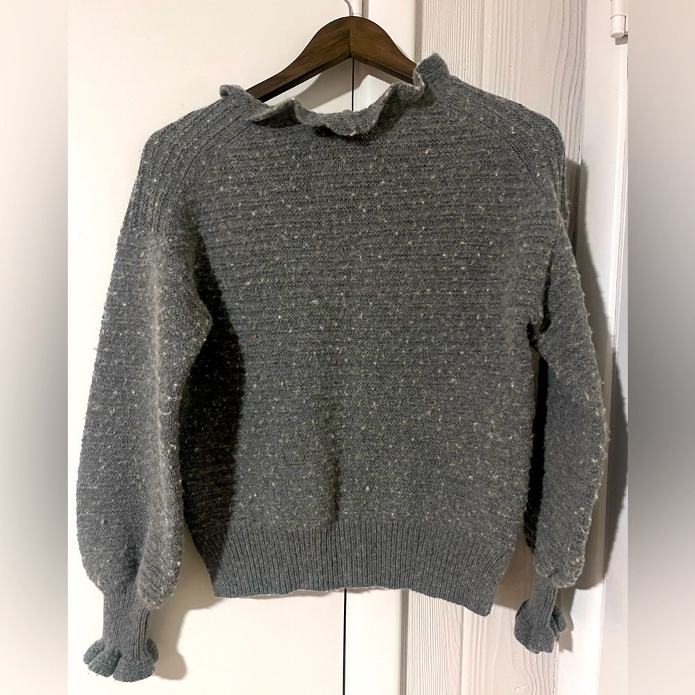 Madewell Ruffle-Neck Pullover Sweater in Cotton-Merino Yarn | Grey (M)